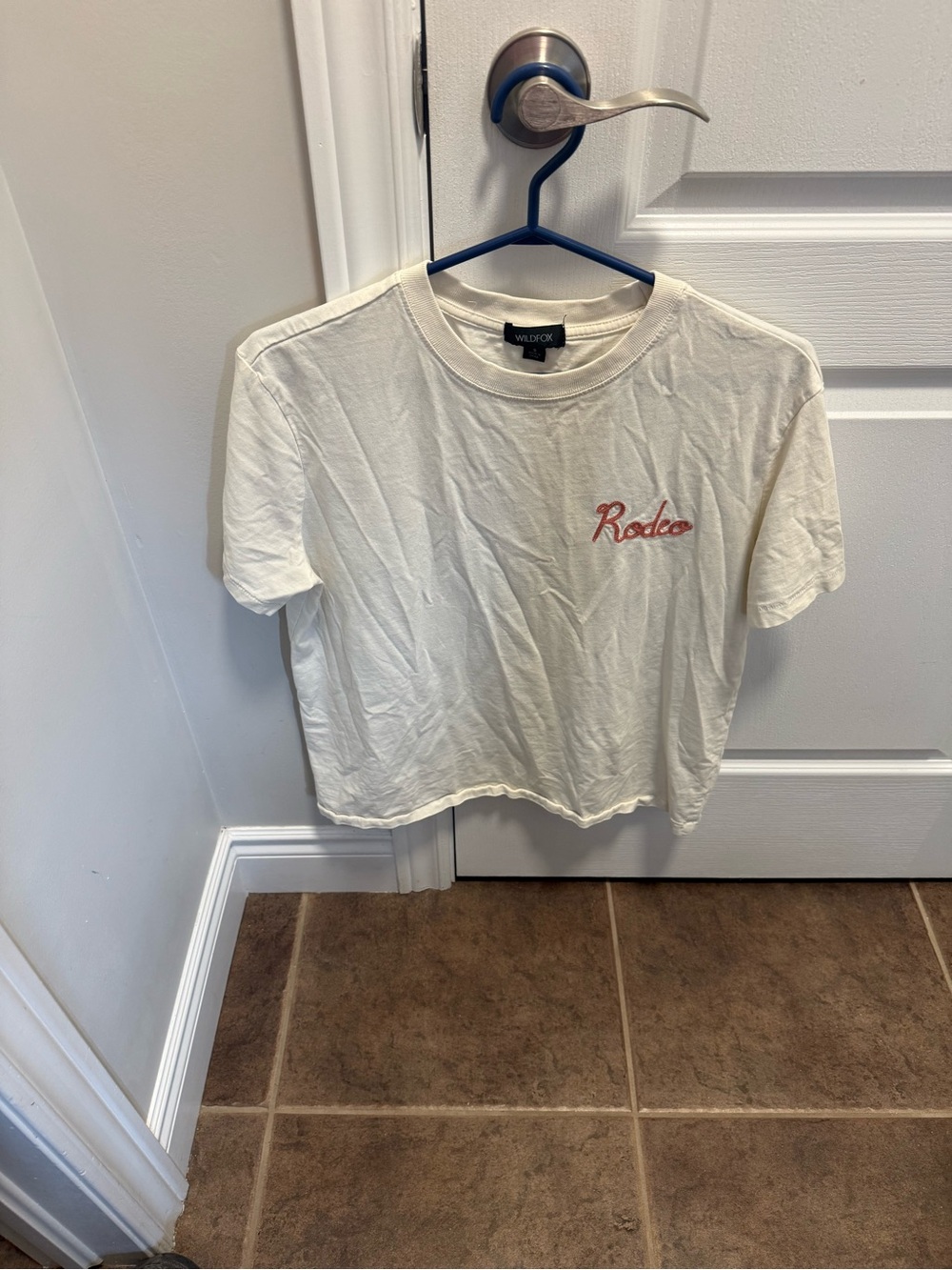 Wildfox Cream Crop Tee with Pink "Rodeo" Embroidery